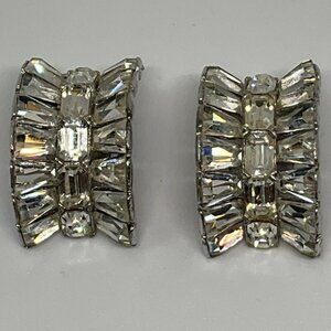 Vintage Clear Rhinestone Earrings Clip On Baguette‎ Valentines Wedding Bling 1"